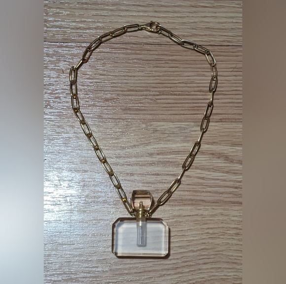 FINAL PRICE Clear Perfume Bottle Charm Necklace Goldtone Chain Fashion Designer - Picture 1 of 2
